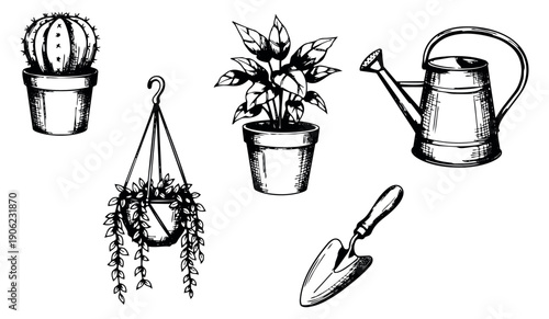 Hand drawn line art garden and houseplant set featuring various potted plants, a watering can, and a trowel for home decor and horticulture