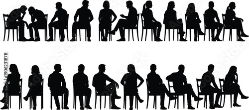 Large collection of men and women sitting on chairs silhouettes isolated on white background, various seated poses showing conversation, interview, waiting, body language