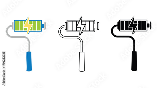 Battery powered paint roller icons in different charge levels and colors