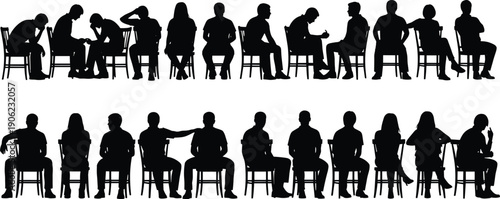 Large set of black silhouettes of men and women sitting on chairs in various poses, isolated on white background, representing waiting, conversation, body language, and social interaction