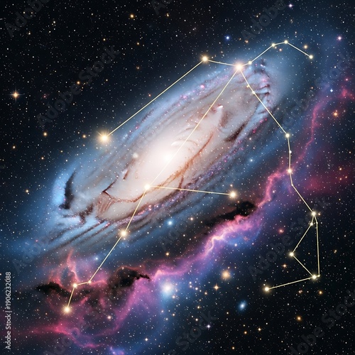 Celestial diagram overlays a swirling spiral galaxy structure with connecting stellar lines