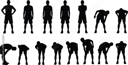 Male athlete silhouettes set showing standing, resting and bending poses for fitness, training, sports fatigue and human body posture concepts illustration