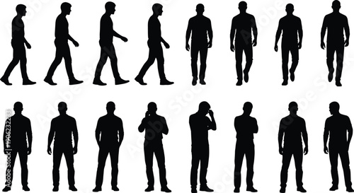 Male silhouettes walking and standing in multiple poses isolated on white background, anonymous human figures, lifestyle movement concept, realistic people shadow illustration