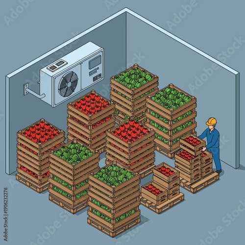 Worker inspecting crates of fresh produce in a cold storage room with air conditioning unit.
