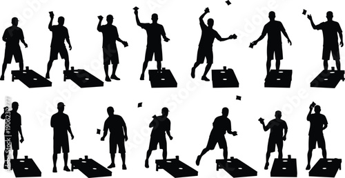 Man playing cornhole game silhouette set showing bean bag tossing actions for outdoor leisure, backyard competition, summer recreation, and casual sports activities
