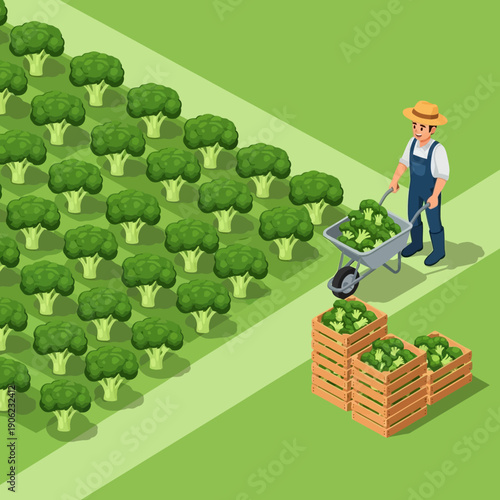 Farmer harvesting broccoli in a lush green field.