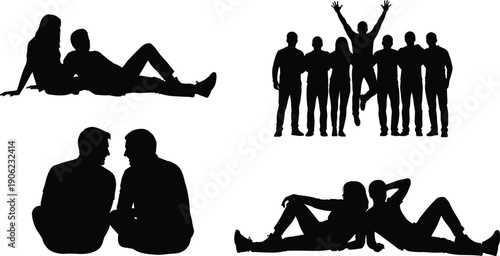 People silhouettes collection illustration, men and women standing, sitting and relaxing poses, group and couple shapes, black human figures, flat vector design