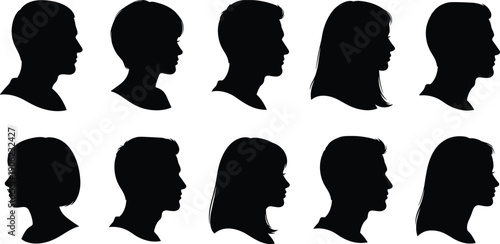 People profile silhouettes collection showing male and female head side view isolated on white background human face avatar identity concept vector illustration set