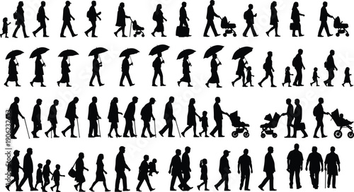 People silhouettes walking in different life stages, men women children families with strollers and umbrellas, daily life movement concept, isolated black figures on white background