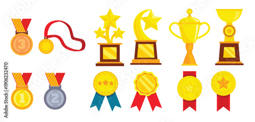 collection of golden silver and bronze medals cups 