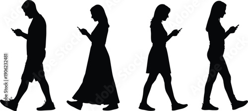 People using smartphones silhouettes showing men and women walking while texting, modern mobile communication and digital lifestyle characters isolated on white background for technology concepts