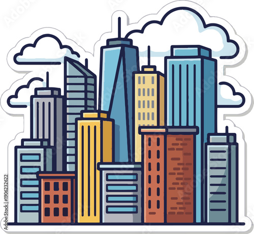 Cute City Skyline Vector Sticker. Colorful skyscrapers and office buildings cluster isolated.