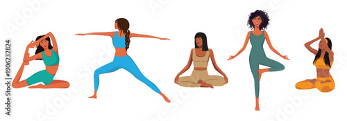 digital illustration set of girls doing yoga