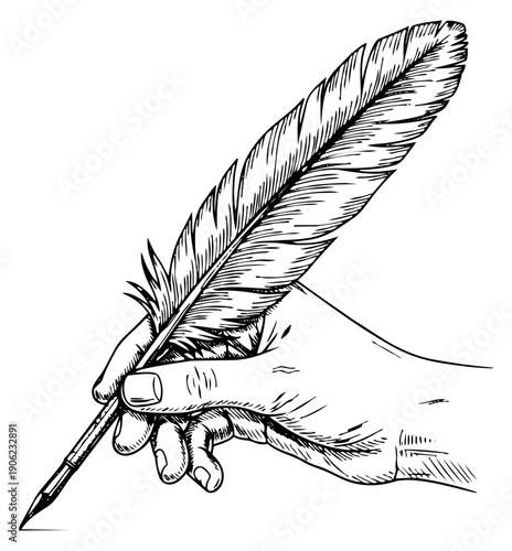 Hand drawn line art illustration of a hand holding a feather quill depicting writing for historical and literary themes