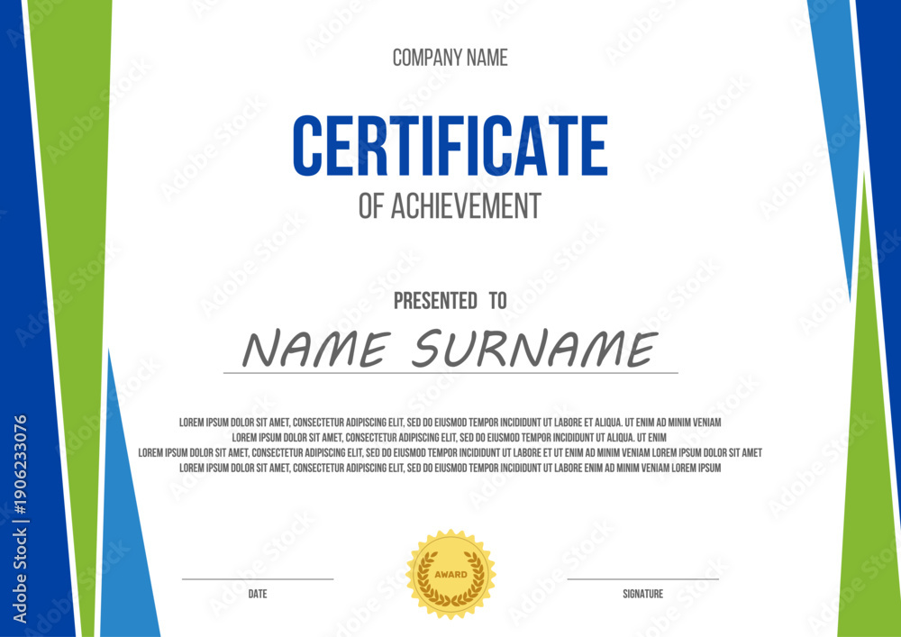 Fototapeta premium certificate of achievement vector template, geometric shapes on white background, ready to print a4 paper corporete award mockup