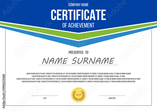 certificate of achievement vector template, geometric shapes on white background, ready to print a4 paper corporete award mockup