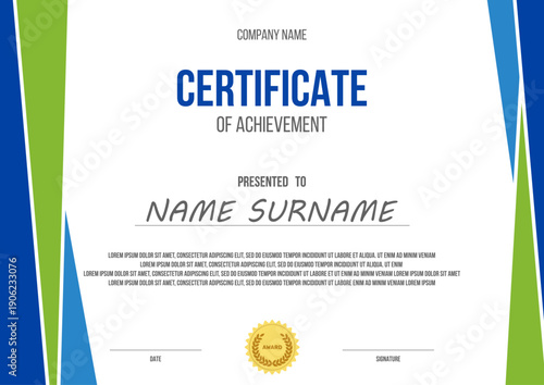 certificate of achievement vector template, geometric shapes on white background, ready to print a4 paper corporete award mockup