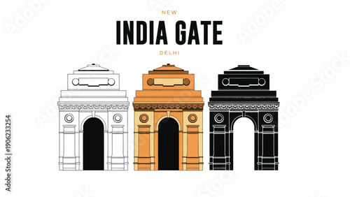 Three stylized illustrations of India Gate in New Delhi.