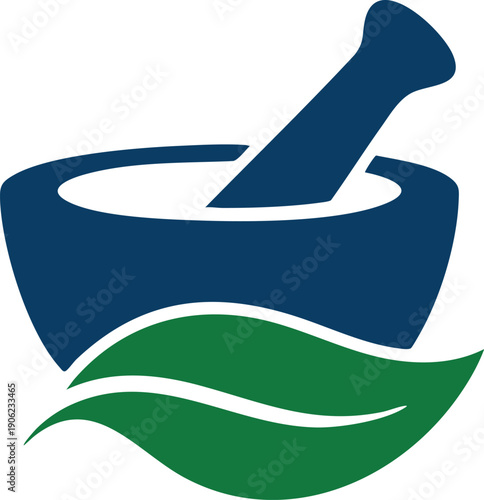 Navy Mortar and Pestle with Green Herbal Leaf, Minimalist Apothecary and Natural Pharmacy Logo, vector, illustration, silhouette.