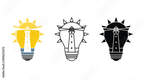Lightbulb lighthouse vector icons in yellow, black and white color schemes