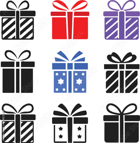 gift present icons set flat ribbon bow silhouettes