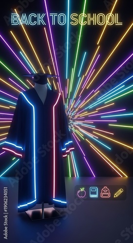 Graduation attire illuminated by vibrant neon light beams radiates excitement for returning to educational pursuits