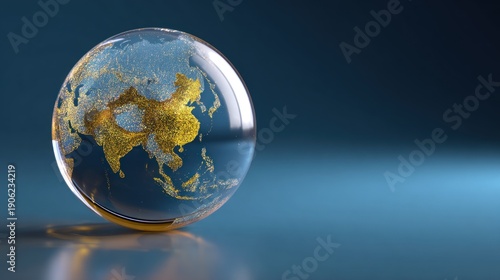 Glass globe displaying Asia on a reflective surface.
