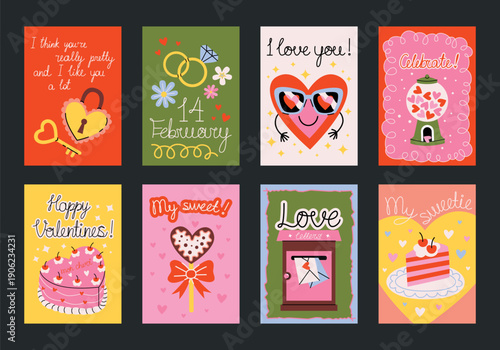 Set of romantic posters and postcards for Valentine's Day. Printable designs with hearts, cake, flowers, key, lock, mailbox with love letters, gumball hearts. Decor for romance, holidays and weddings.