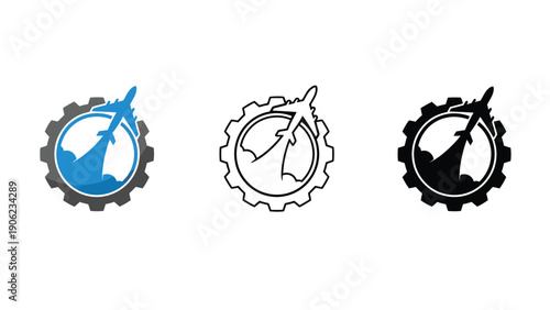 Airplane flying through a gear with a blue and white background.