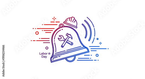 Minimalist line art illustration of a ringing bell with worker tools and a hard hat celebrating