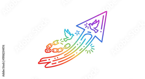 Vibrant arrow of progress depicting broken chains and doves symbolizing freedom and upward journey