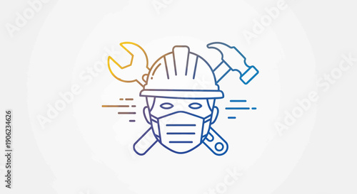 Masked construction worker in hard hat with wrench and hammer showing essential service and safety