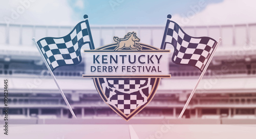 Kentucky Derby Festival logo with checkered flags in a stadium setting for horse racing event