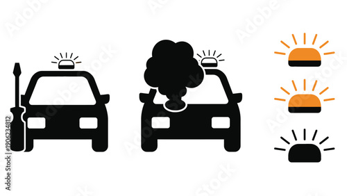 Icons depict a police car with a screwdriver, a smoking police car, and flashing lights.