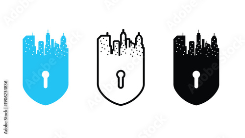 City skyline shield icons with keyhole in blue, black, and white