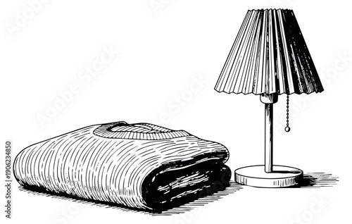 Hand drawn line art illustration of a folded sweater and a table lamp depicting a cozy domestic scene for home decor