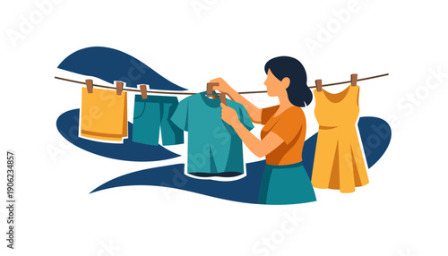 Woman Hanging Laundry on Clothesline Outside.