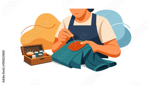 Woman Sews Green Fabric with Needle.