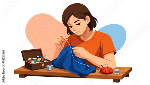 Woman Knitting with Blue Yarn and Needles.