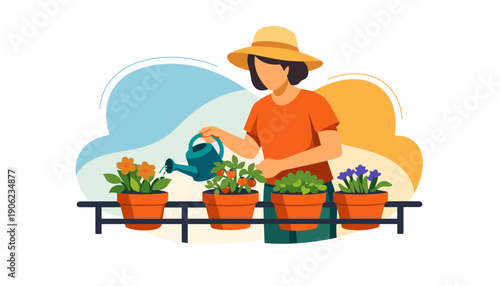 Woman Watering Potted Plants with Can.