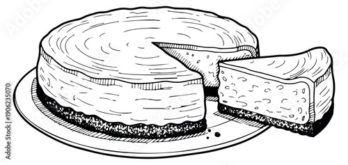 Hand drawn illustration of cheesecake depicting a removed slice on a plate for bakery menus