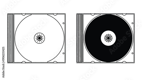 Two compact disc cases are shown, one open and one closed.