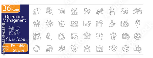 Operation Management Icons Set, Workflow Optimization, Inventory Control, Quality Assurance, Logistics Planning, Task Scheduling, Resource Management, Performance, Editable Stroke Vector Illustration.