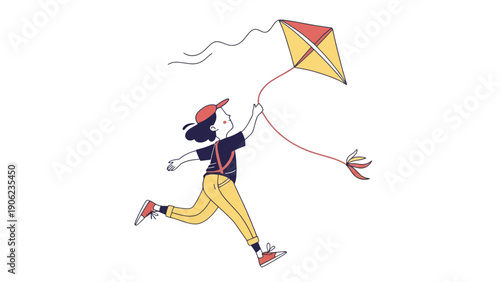 A child runs with a kite on a white background.