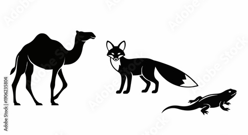 Desert animals walking together in a simple illustration from a side view