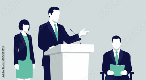 Three professional business people in suits attending a corporate event with a man speaking from a podium.