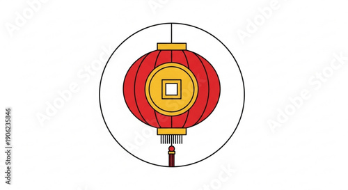 Vibrant red and yellow chinese lantern with tassel in circle frame