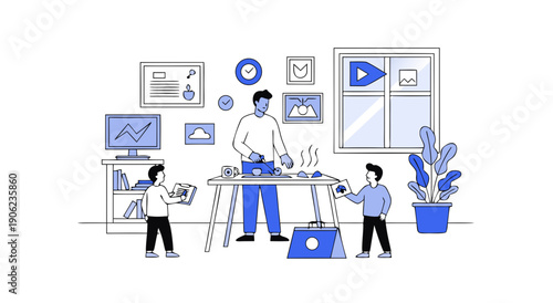 A father and his two children work together on a home project or assembling furniture in a bright, modern room.