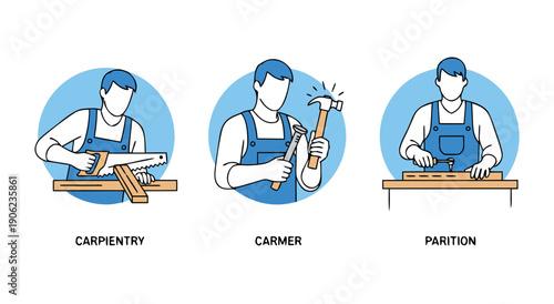 Three illustrated vignettes featuring carpenters performing various tasks, including sawing, hammering, and marking wood for construction.