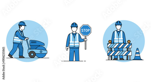 A series of illustrations depicting construction workers performing road safety and building tasks with heavy equipment and signage.